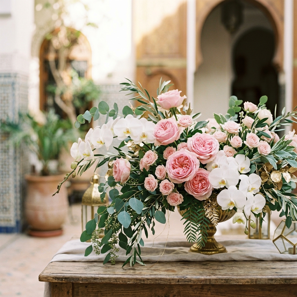 Youssef, fondateur de Milyani Fleurs, entouré de ses créations florales